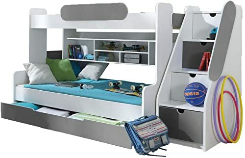 Modern triple bunk bed ‘Sarah’ with storage stairs and underbed drawer