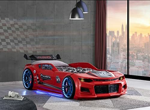 Children’s Champion Race Car Toddler Bed with Built-In Headlights – Red, 3ft Single |Remote Controlled |