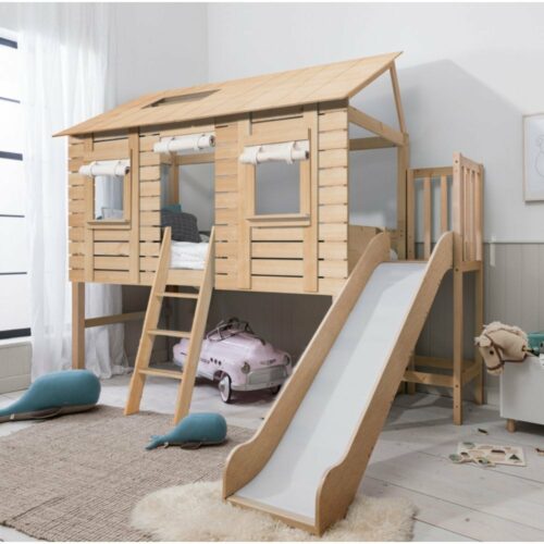 Christopher Treehouse Midsleeper Bed with Slide in Natural Pine
