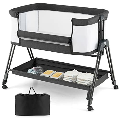 COSTWAY Baby Bedside Crib, Easy Folding Cot Bed with Mattress, All-Side Mesh, Storage Shelf and Travel Bag