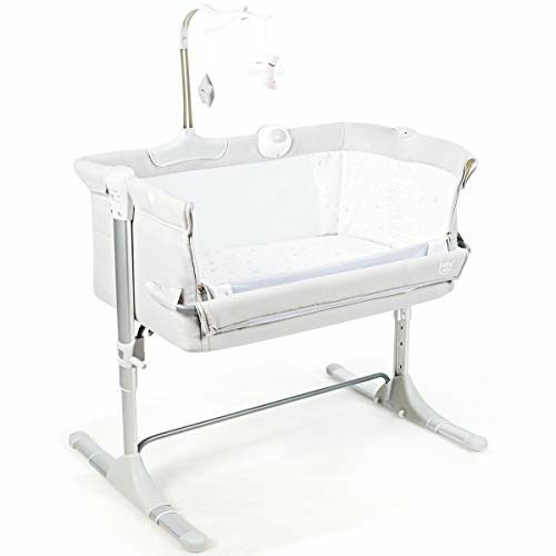 COSTWAY Bedside Crib, Height Adjustable Baby Play Pen with Toy Rack