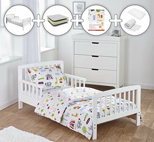 ELEGANT BABY Complete 7 Piece Kids White Toddler Bed Bundle with Kinder Flow Mattress