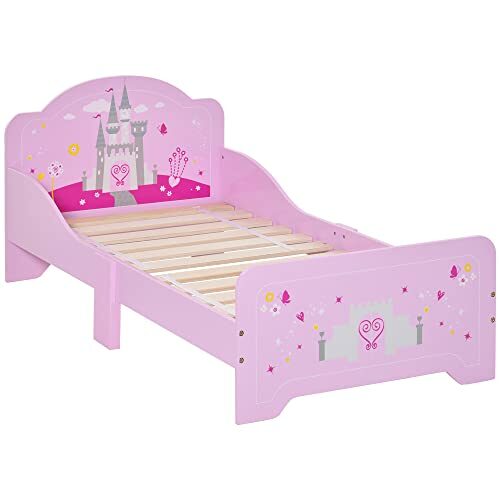 HOMCOM Kids Bed Princess Castle Theme w/Side Rails Slats Home Furniture for 3-6 Yrs Pink
