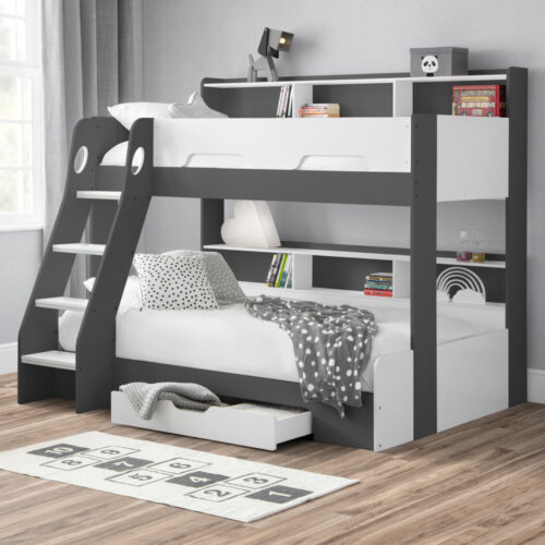 Orion Grey and White Wooden Storage Triple Sleeper Bunk Bed Frame – 3ft Single Top and 4ft Small Double Bottom