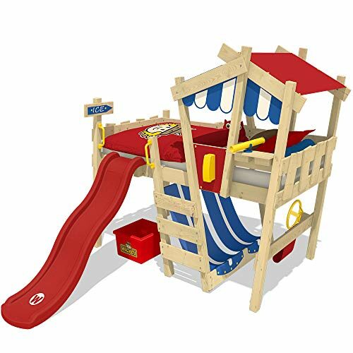 WICKEY Bunk beds Crazy Circus Children`s Bed loft Bed with Slide, roof and slatted Bed Base, Blue tarp + red Slide