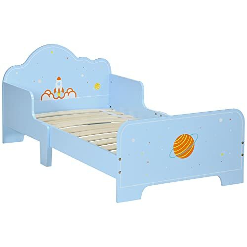 ZONEKIZ Kids Toddler Bed w/Rocket & Planets Patterns, Safety Rails